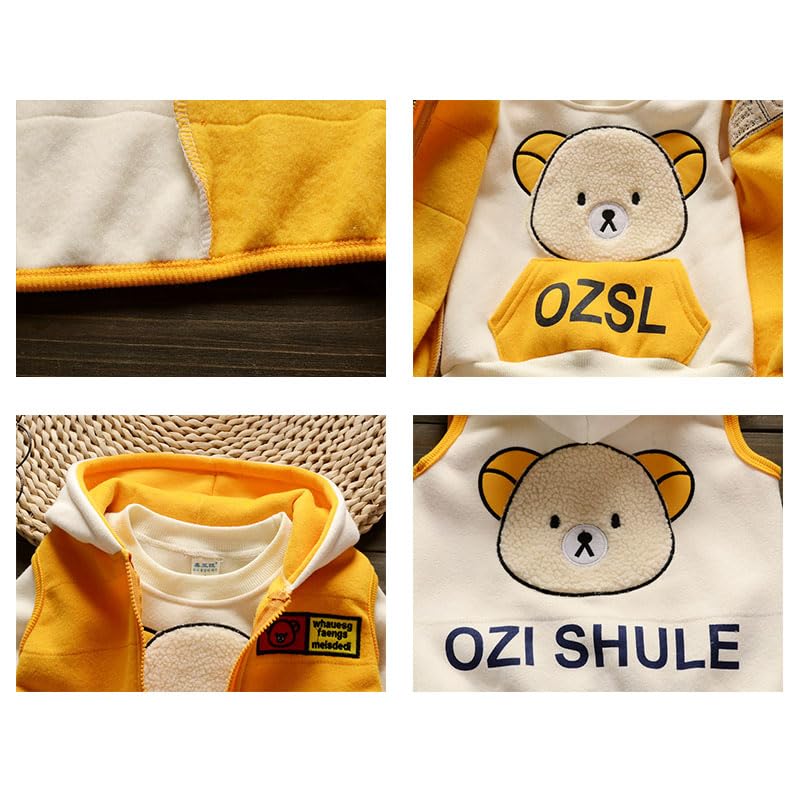 Odziezet Toddler Warm Outfit Children's Hooded Sleeveless Vest Suit Baby Winter Three Piece Outfits Child Long Sleeve Sweatshirt Trousers Sets Babies Cartoon Bear Clothing 0-4 Years