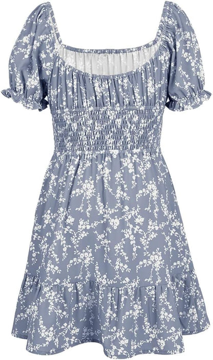 Haloumoning Girls Dresses Short Sleeve Summer Dress Kids Puffy Sleeve Floral Dress Square Neck A-Line Casual Dress Casual Party Wedding Festive Dress 
