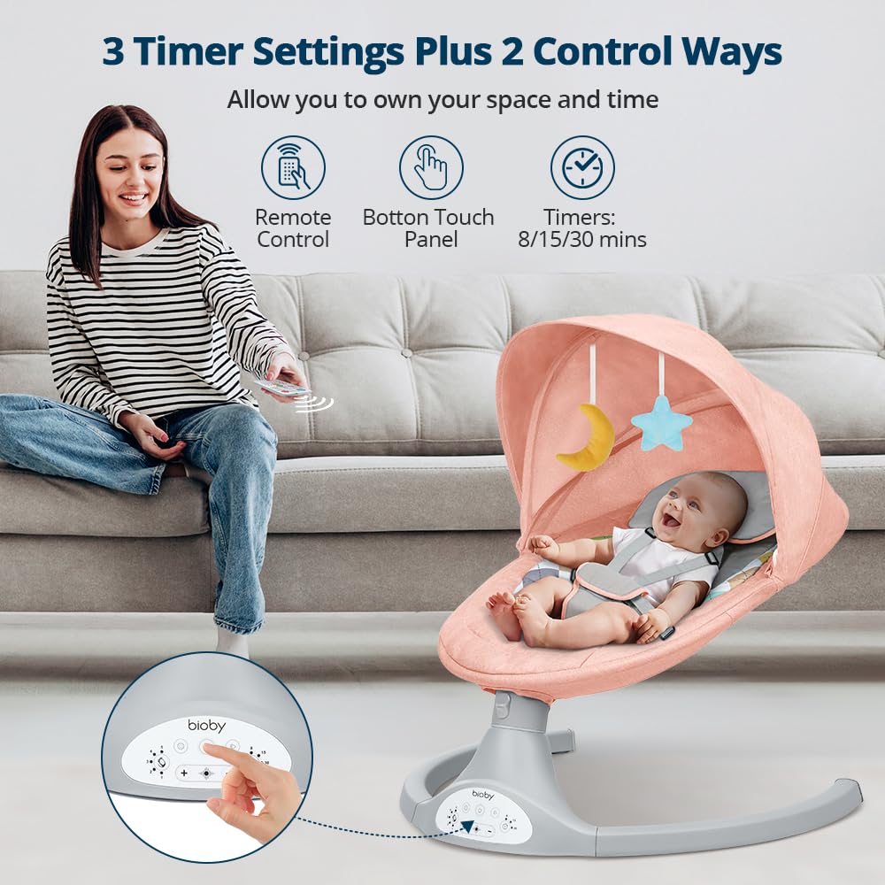 Bioby Elektrische Babywippe | Babyschaukel mit 5-Punkt-Gurt & 5 Schaukelmodi, Leicht & Sicher Wippe Baby Elektronisch mit Bluetooth-Musik & Fernbedienung, für 0-12 Monate (2-9 kg), Grau