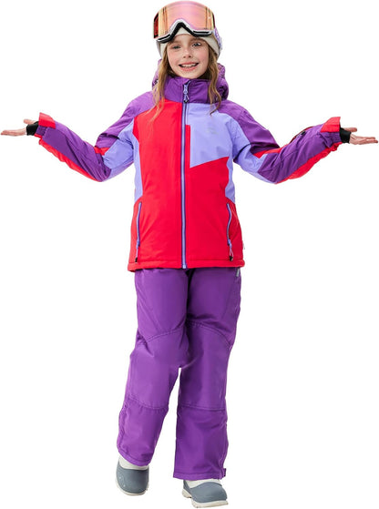 Children's Ski Suit Girls Waterproof Windproof and Warm 2-Piece with Hood 6-16 Years Outdoor Sports, Mountaineering, Skiing
