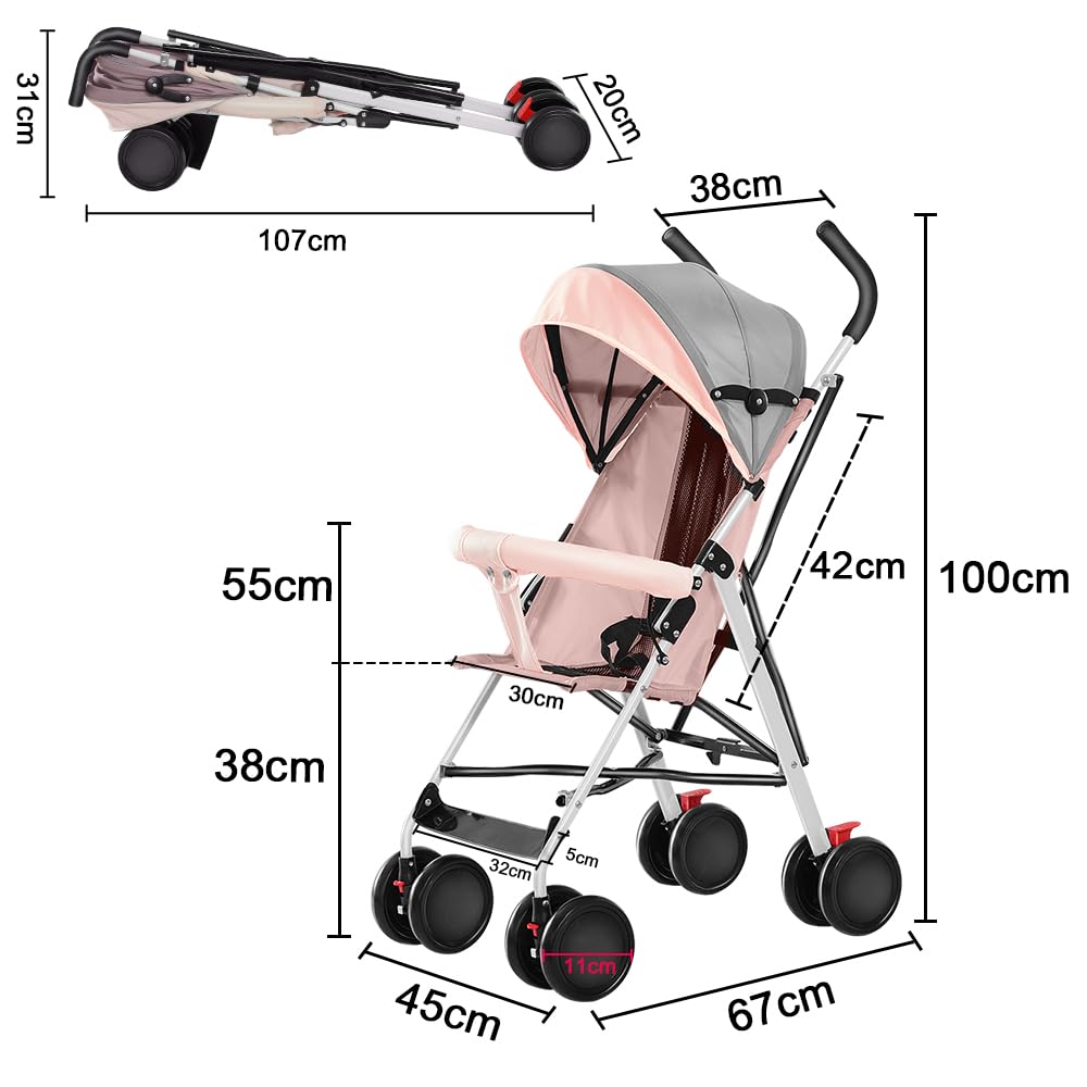 Kinderbuggy, Klein Zusammenklappbar Kinderwagen,Rücken und Fußstützenverstellung,Hinterradbremse,5-Punkt-Gurt,Einfaches Ein-Hand-Falten,Baby Reisebuggy