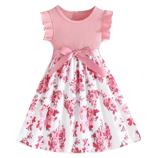 Codkkre Mädchen Kleid Blumen Bowknot Kinder Kleider Rüschenärmel A-Linie Mädchen Kleid Sommer Ostern Mädchen Kleid Rundhals 104 110 116 122 128