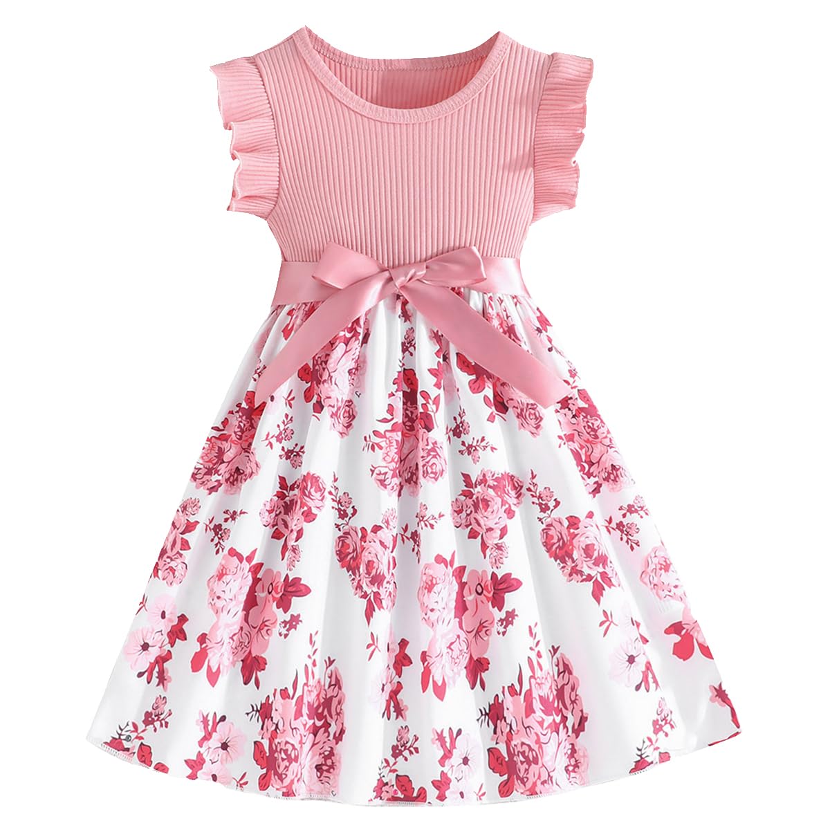 Codkkre Girls Dress Flowers Bowknot Kids Dresses Ruffle Sleeves A-Line Girls Dress Summer Easter Girls Dress Round Neck 104 110 116 122 128 