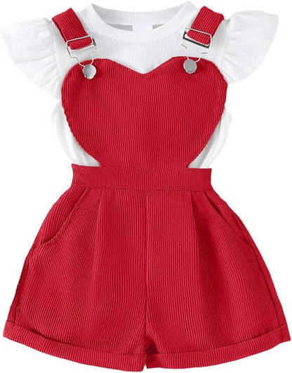 Baby Mädchen Sommer Outfits Rüschen Kurzarm Ripptop+ Blumen/Herzmuster Overalls Shorts Mit Tasche Süßes 2-Teiliges Kleidungsset