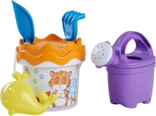 Simba 10711479 - Sandspiel-Set Katze, Eimergarnitur, 6 Teile, Eimer, Sieb, Sandform, Schaufel, Rechen, Gießer, H:11cm, D:14cm, Sandspielzeug für Kinder ab 3 Jahren