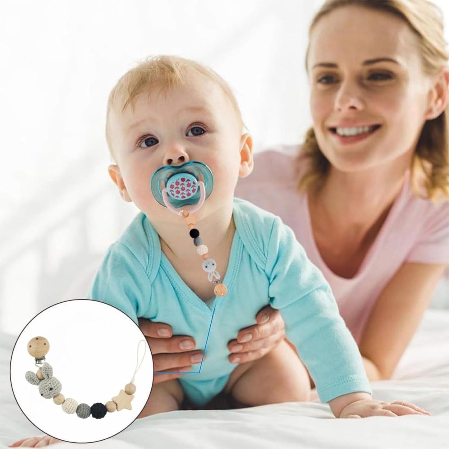 Weploda Baby Schnullerkette Clip, Schnullerkette, Schnullerkette Holz, Geflochtene Schnullerkette, Niedliche Cartoon Schnullerkette, Schnullerkette Mit Hasenmuster, Für Baby, Hält Schnuller Sauber