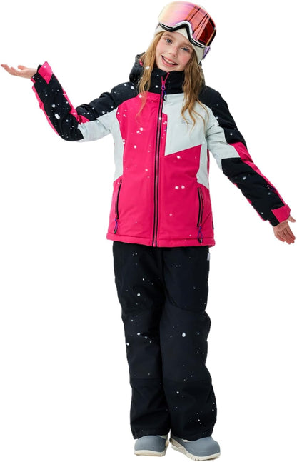 Children's Ski Suit Girls Waterproof Windproof and Warm 2-Piece with Hood 6-16 Years Outdoor Sports, Mountaineering, Skiing