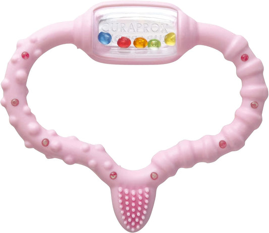 CURAPROX Baby Teether Pink Baby Teether with Rattle Baby Teether with Learning Toothbrush, Teether for Babies for Teething BPA-Free, Pink, 1 Piece