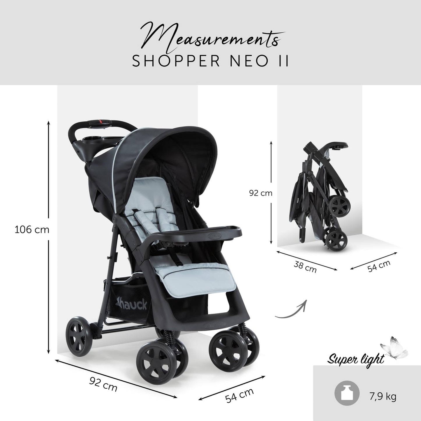 hauck Shopper Neo II, Schwarz Grau - Kinderbuggy mit Liegeposition ab Geburt bis 22 kg, 2x Tablett mit Getränkehalter, Einhändig Klein Zusammenklappbar, Tasche im Verdeck, XL Korb