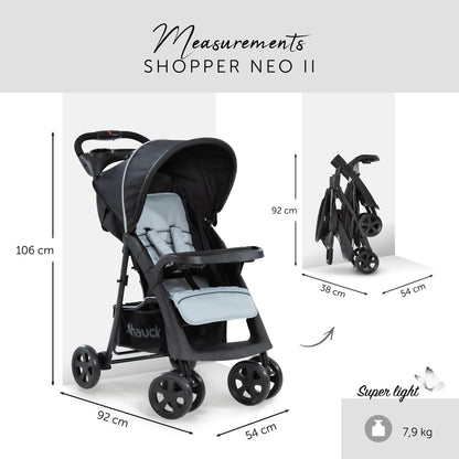 hauck Shopper Neo II, Schwarz Grau - Kinderbuggy mit Liegeposition ab Geburt bis 22 kg, 2x Tablett mit Getränkehalter, Einhändig Klein Zusammenklappbar, Tasche im Verdeck, XL Korb