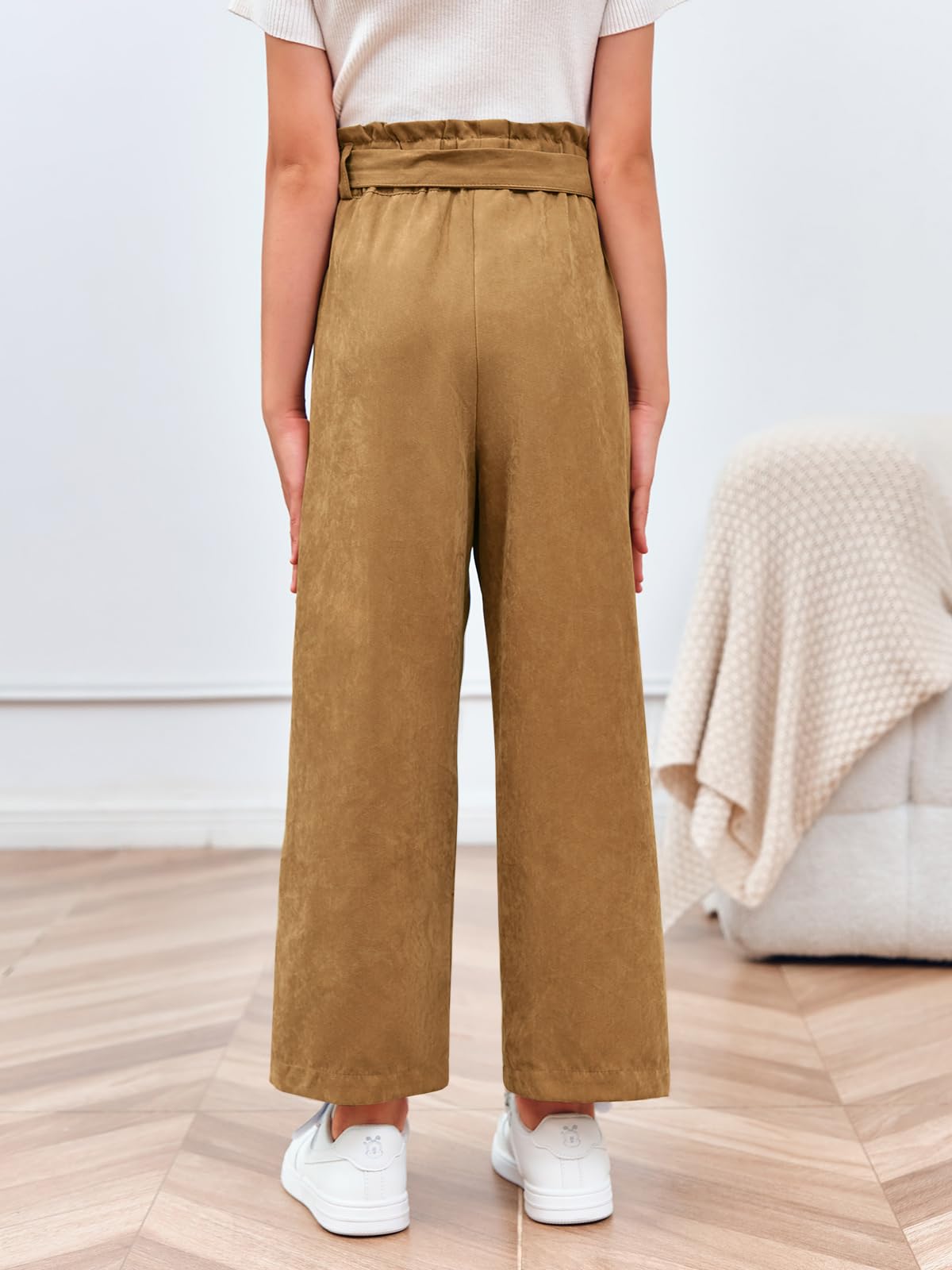 Haloumoning Mädchen Weite Hose Palazzo Hohe Taille Mode Bootcut Elastische Paperbag Freizeithose mit Gürtel