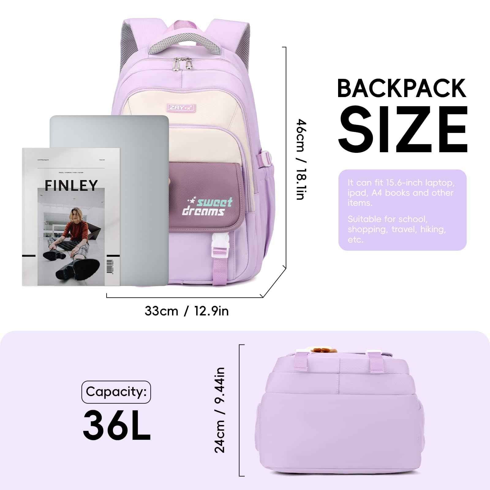 School Backpack Teenager - 36L School Bag for Girls from 5th Grade, Large Backpack for Middle and High School, Casual Children's Backpack with Cute Pendant and Trolley Strap, black, Rucksack