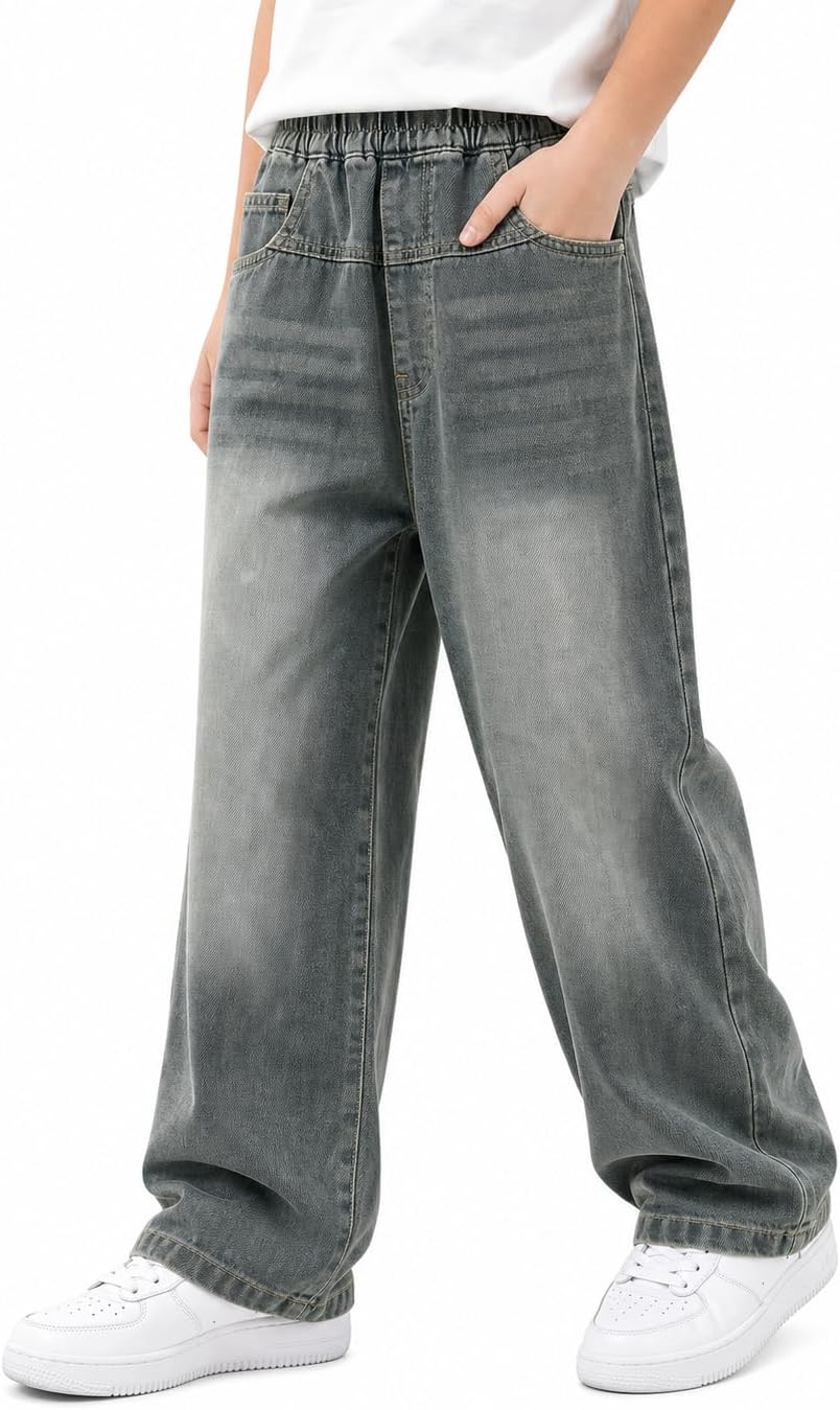 Baggy Jeans Jungen Weites Bein Gummibund Denim Jeanshosen Gr.120-170 | Baumwolle Lässige kinder Jeans Jungen Elastischer Freizeithose für 5-14 Jahren