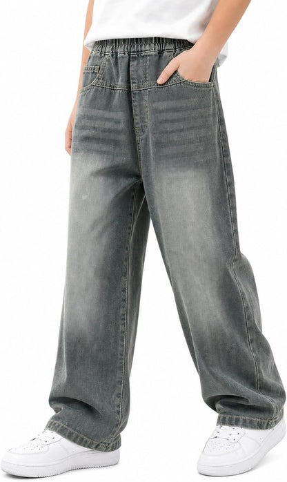 Baggy Jeans Jungen Weites Bein Gummibund Denim Jeanshosen Gr.120-170 | Baumwolle Lässige kinder Jeans Jungen Elastischer Freizeithose für 5-14 Jahren