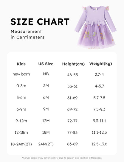 PATPAT Baby Girls' Tulle Dress with Long Sleeves, Tutu for Toddlers, Perfect as a Flower Girl or Christmas Party Birthday Long Sleeve Princess Dress, 3-24 Months