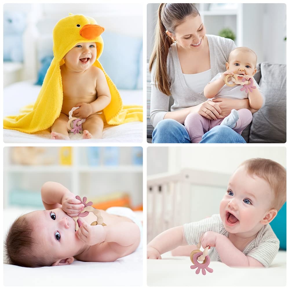 Vicloon Beißring für Babys, Beißring Spielzeug aus Silikon und Holzringe, Baby Zahnungshilfe BPA-frei, Schmerzlindernde Zahnen Nursing Zubehör für ab 3 Monaten Babys(Wal Blau)