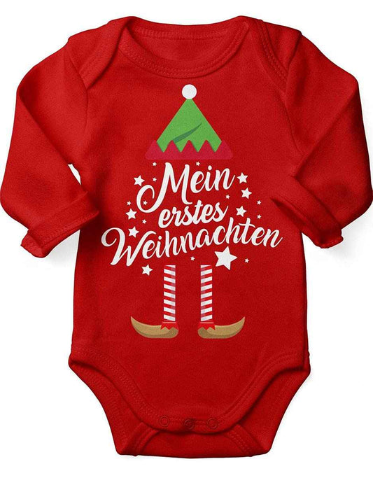 Mikalino Baby Bodysuit with Saying in German for Boys, Girls, Unisex, Long Sleeve, Mein erstes Weihnachten Saying (Christmas Elf), Hand Printed in Germany, Handmade with Love