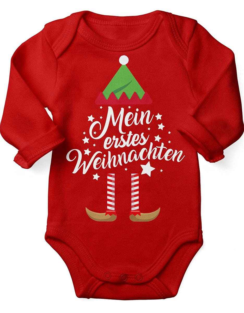 Mikalino Baby Bodysuit with Saying in German for Boys, Girls, Unisex, Long Sleeve, Mein erstes Weihnachten Saying (Christmas Elf), Hand Printed in Germany, Handmade with Love