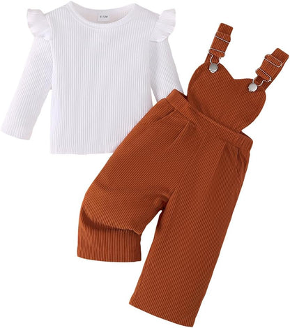 Baby Mädchen Sommer Outfits Rüschen Kurzarm Ripptop+ Blumen/Herzmuster Overalls Shorts Mit Tasche Süßes 2-Teiliges Kleidungsset