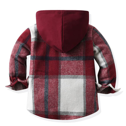 Kinder Übergangsjacke Jungen Kindermantel Mädchen Jacke Kariertem Hemd mit Kapuze für Frühling und Herbst