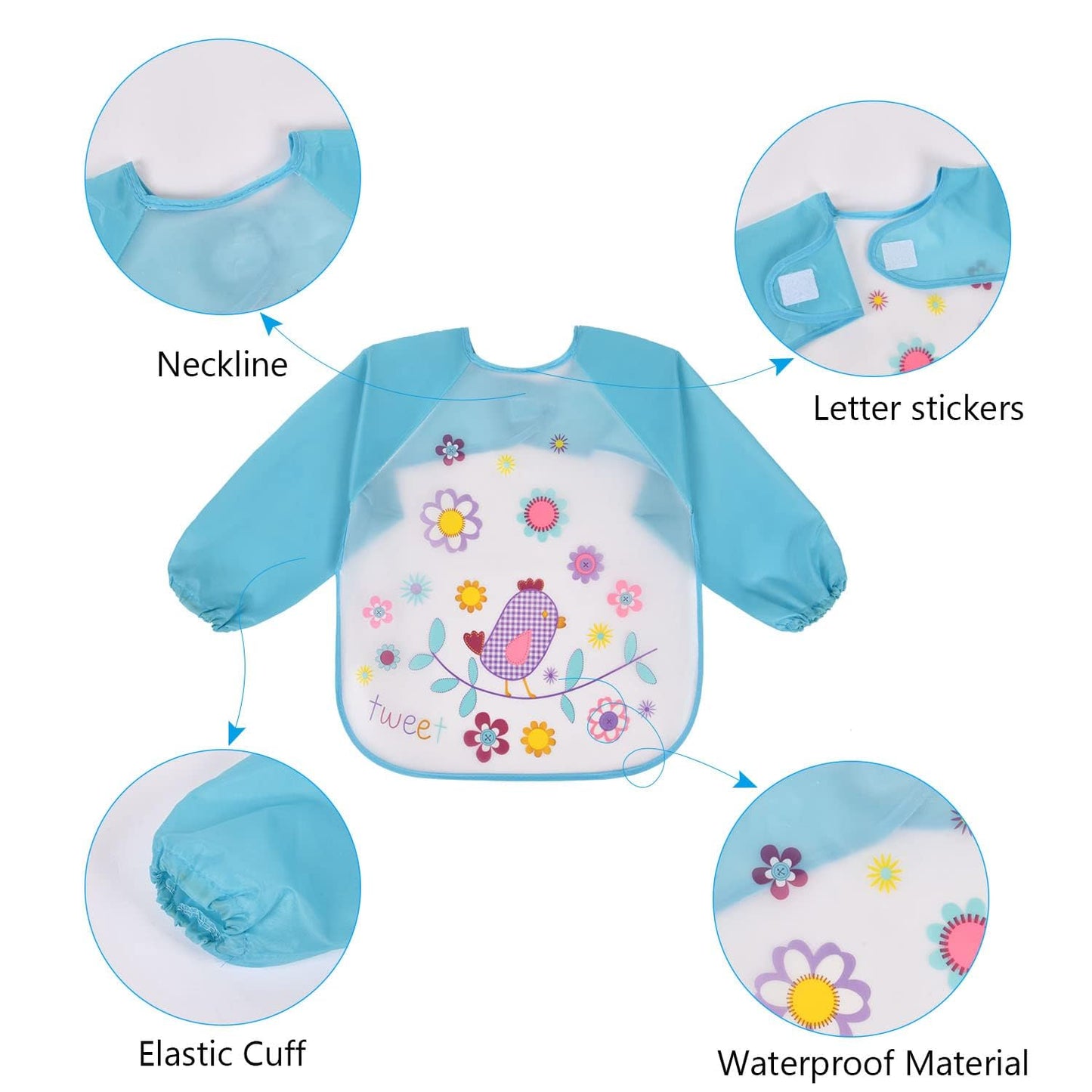 Vicloon Waterproof Baby Bibs, 5pcs Baby Bibs with Long Sleeves, Sleeved Bibs, Unisex Bib Set for Eating, Arts, Crafts, Painting, Playing (Pink, Blue, Green, Yellow) 