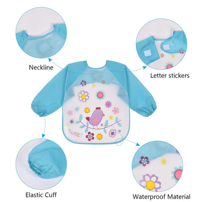 Vicloon Waterproof Baby Bibs, 5pcs Baby Bibs with Long Sleeves, Sleeved Bibs, Unisex Bib Set for Eating, Arts, Crafts, Painting, Playing (Pink, Blue, Green, Yellow) 