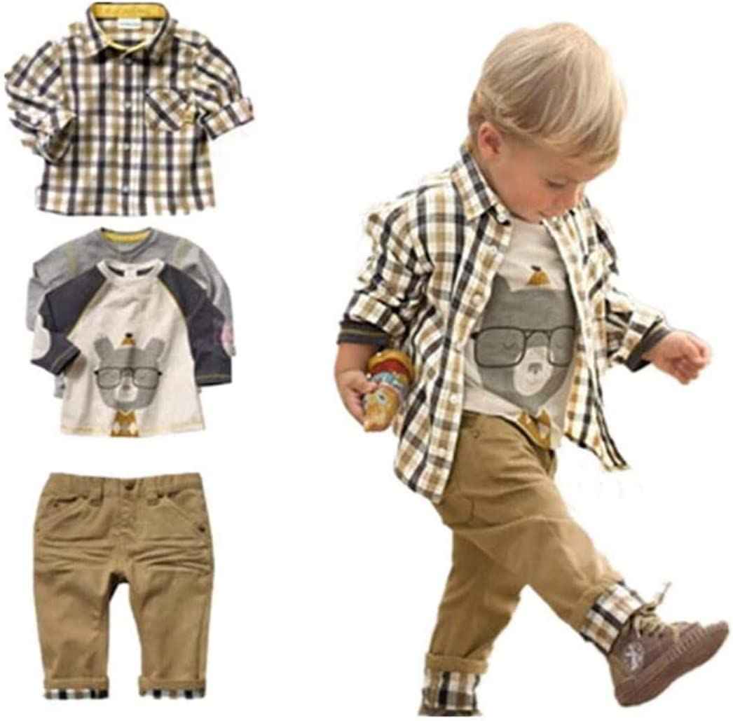MERCIYD Toddler Boys Casual 3-Piece Clothing Set T-Shirt + Checked Shirt + Khaki Trousers