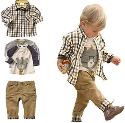 MERCIYD Toddler Boys Casual 3-Piece Clothing Set T-Shirt + Checked Shirt + Khaki Trousers