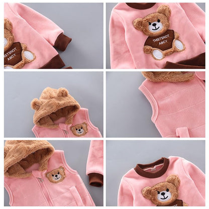 Odziezet Toddler Warm Outfit Children's Hooded Sleeveless Vest Suit Baby Winter Three Piece Outfits Child Long Sleeve Sweatshirt Trousers Sets Babies Cartoon Bear Clothing 0-4 Years