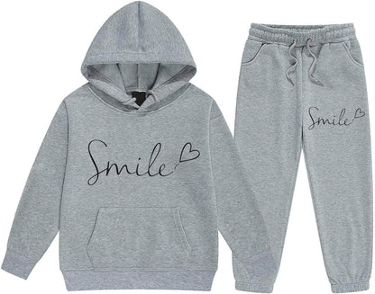 Mädchen 2-teiliges Outfit Herbst Hoodie Lächeln Sweatsuit Sets Kinder 2025 mit Kapuze Ausgehen Sweatanzüge Sweatshirt mit Taschen Grafik Langarm Brief Kordelzug Sweatsuits Sets