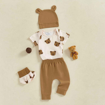 Newborn Baby Bear Print Romper Short Sleeve Long Pants Hat Shoes Set of 4