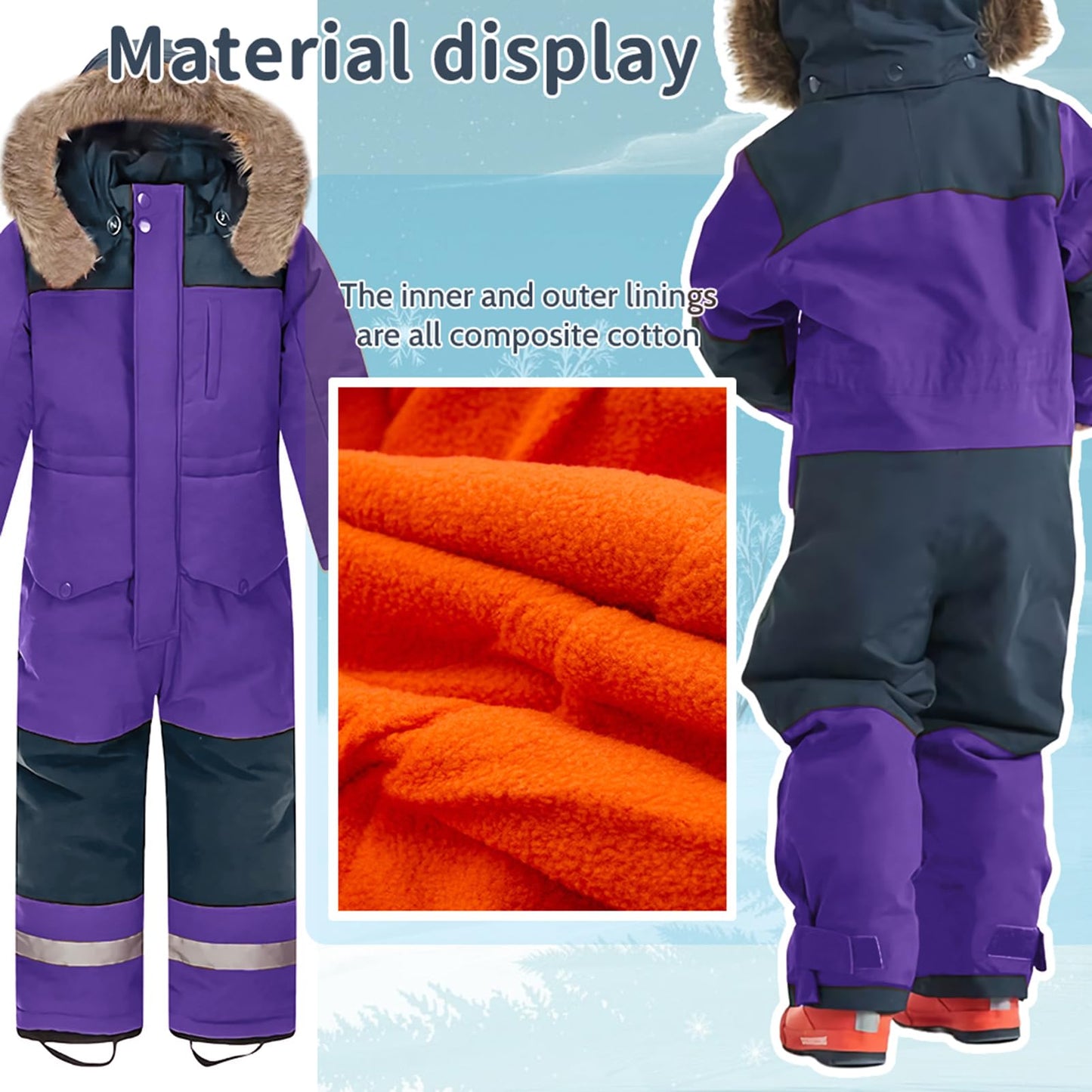L SERVER Children's Ski Suit Boys with Hood Windproof Waterproof Snow Overall Girls Warm Snowsuit Thicker Ski Overall with Reflective Stripes