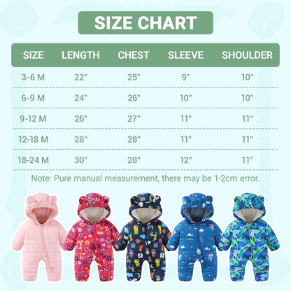 JiAmy Baby Winter Snowsuit, Toddler Bear Hood Fold-Over Mittens Booties Jumpsuit Toddler Warm Fleece Romper Girls Boys Warm Jumpsuit 3-24 Months