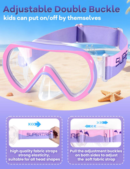 Supertrip Taucherbrille Kinder mit Stoffband,Schwimmbrille Kinder fur Mädchen Jugen,Gehärtetes Glas Schnorchelmaske Kinder mit Nase,180°Panorama Tauchmaske Schwimmmaske Kinder Anti-Leck fur 6-14 Jahre