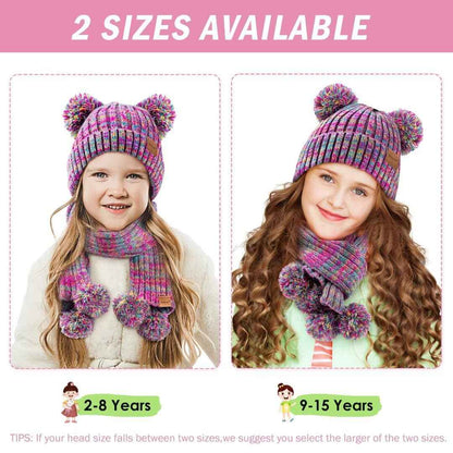 SENPUKI Gloves Hat and Scarf Children's Set, Girls Toddler Kids Beanie Hat Winter with Bobble Knitted Neck Warmer Neckerchief Tube Scarf Gloves Mittens Fleece Lined Gift Set