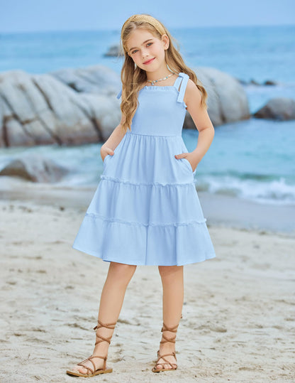 Arshiner Mädchen Kleider Fliege Trägerkleid Kinder Baumwolle Sommerkleid Ärmelloses A-Linie Swingkleid Schulterfrei Elegant Freizeitkleid für Mädchen 5-15 Jahre