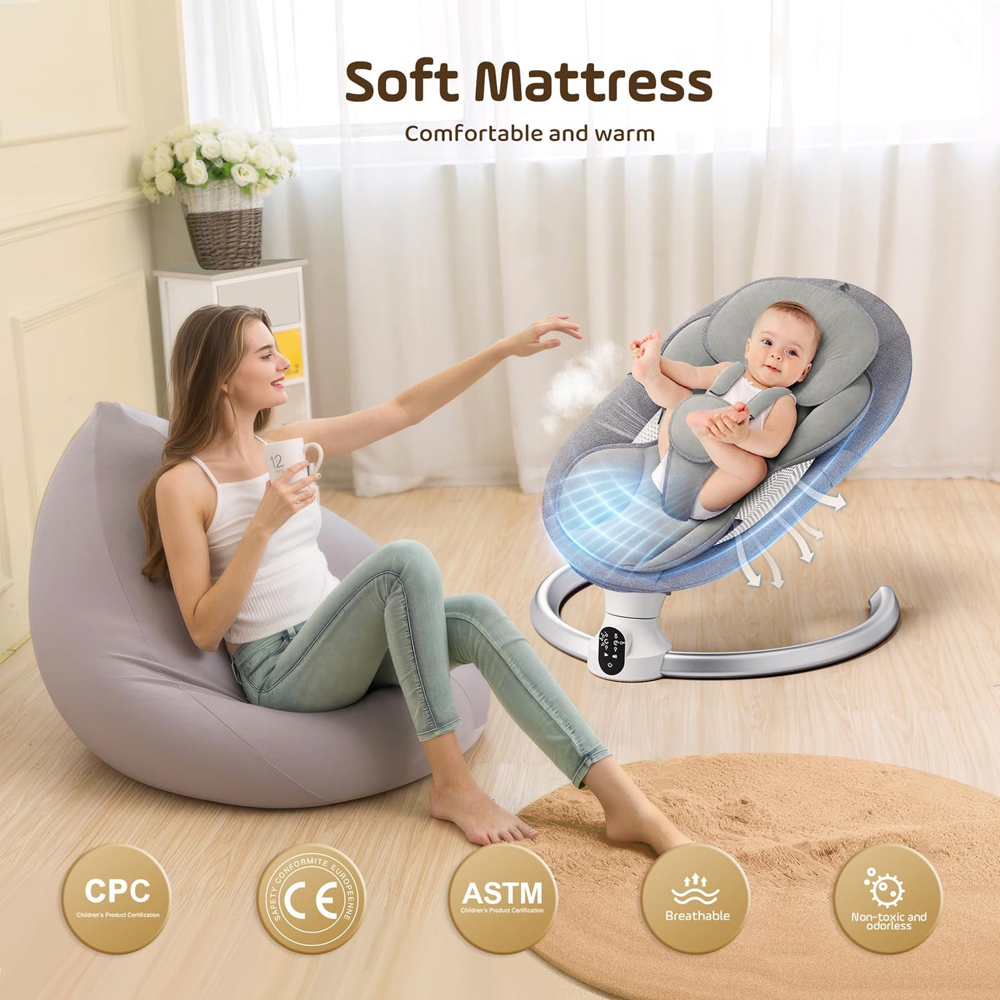Hlieeosfcn Babywippe für Kinder,Babywippe Elektrisch mit 5 Natürlichen Schaukelgeschwindigkeiten,Elektrische Babyschaukel mit Musik, Nutzbar ab der Geburt bis ca. 6 Monaten,Fernbedienung,Grau