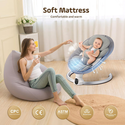 Hlieeosfcn Babywippe für Kinder,Babywippe Elektrisch mit 5 Natürlichen Schaukelgeschwindigkeiten,Elektrische Babyschaukel mit Musik, Nutzbar ab der Geburt bis ca. 6 Monaten,Fernbedienung,Grau