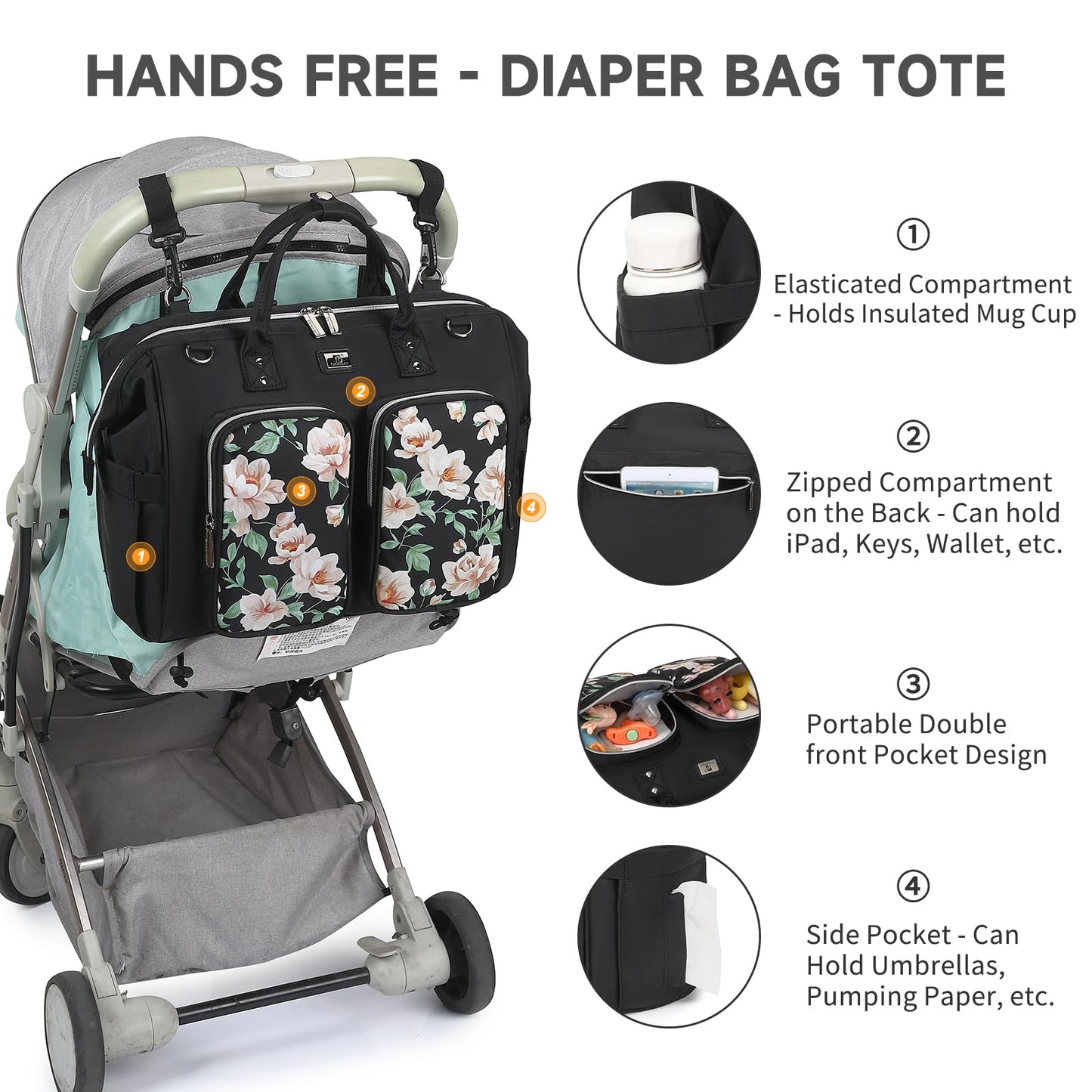 Wickeltasche mit wasserdicher Wickelunterlage und 2 Kinderwagen Haken verstellbare Schultergurt multifunktionale Umhängetasche Reisetasche für Unterwegs