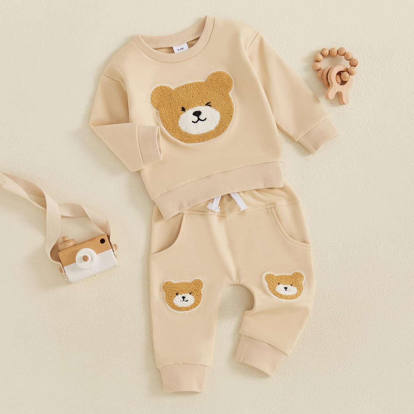 Carolilly Baby Suit 2-Piece Clothing Outfit Baby Clothing Set Cute Long Sleeve Sweatshirt Embroidered Bear + Long Trousers Warm Children's Suit Autumn Spring
