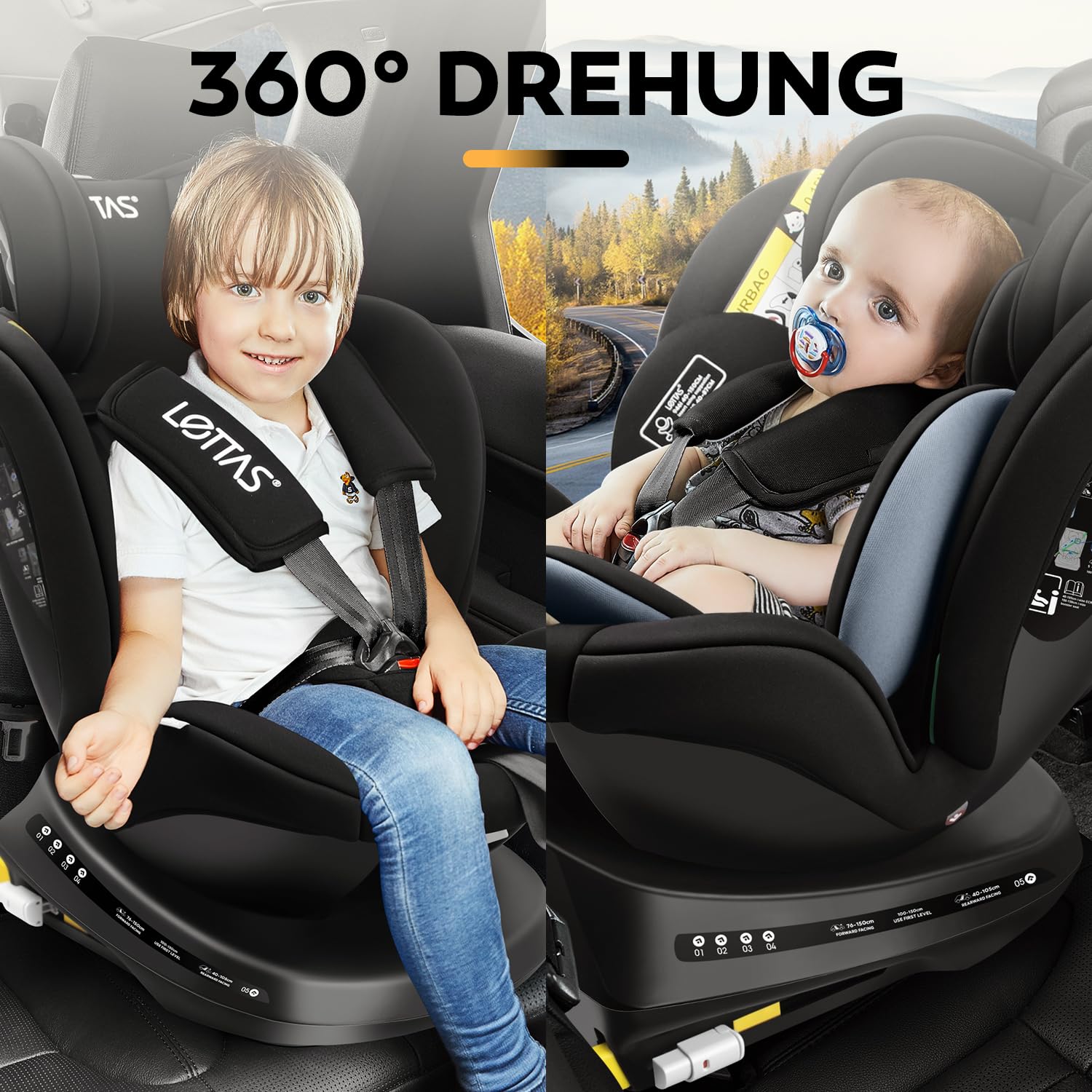 LETTAS I-Size 360°Drehung Autositz 40-150 cm, ca. 0 bis 12 Jahre, Isofix Kinderautositz mit Verstellbarer Kopfstütze, ECE R129 - Meloni2