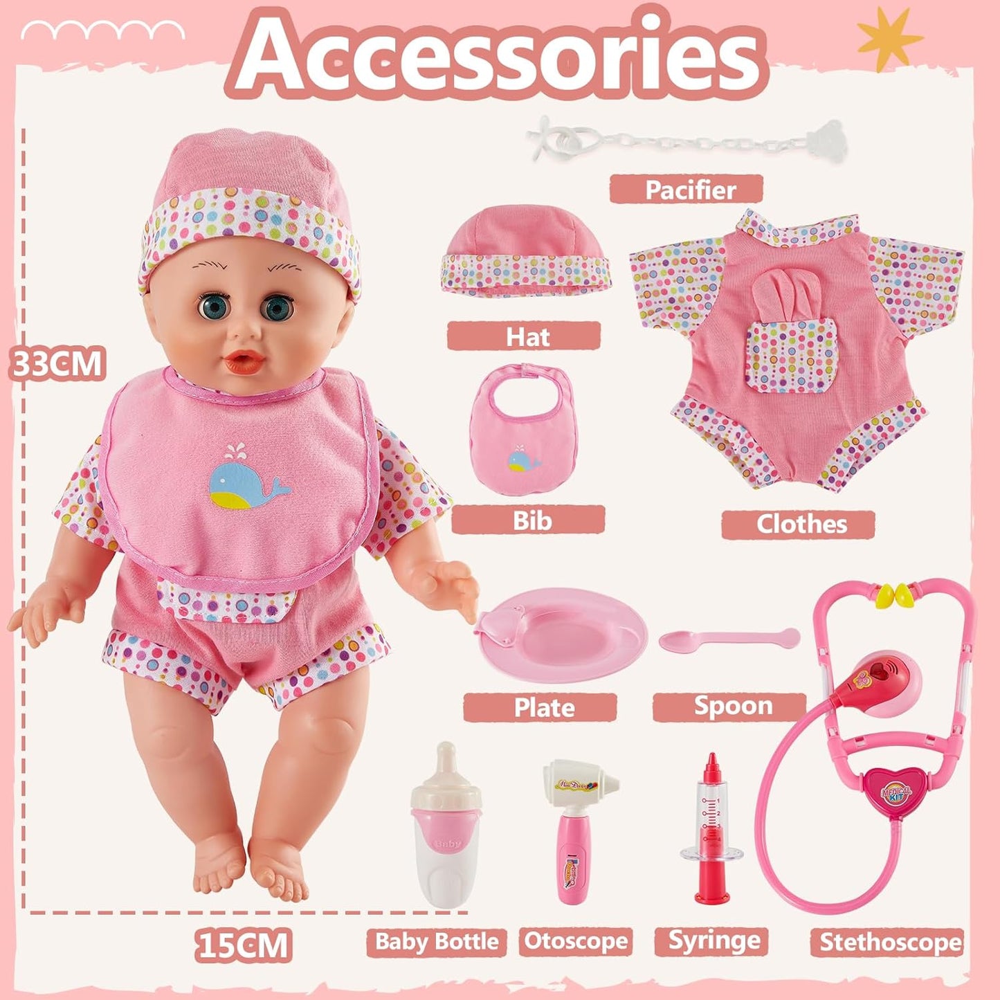 HERSITY Babypuppen Spielset mit 12 Ton und Automatisches Öffnen und Schließen Augen, Puppen Kleider Doktorkoffer Kinder, Lernspielzeug Rollenspiele 2 3 Jährige Mädchen