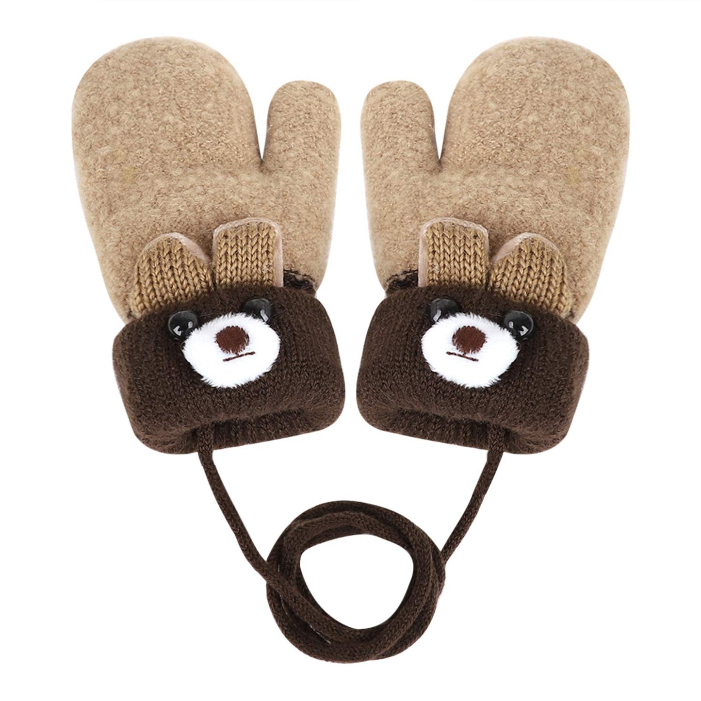 Kids Winter Gloves Mittens Baby Cartoon Mitten Neck Gloves Thick Double Knitted Glove with Plush,0 - 3 years old, Playing, Running, Skiing