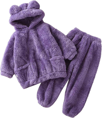 Fccrian Kleinkind Kinder Baby Mädchen Jungen Kleidung Winter Warm Kapuze Ohr Sweatshirt Tops und Hosen 2-teiliges Herbst-Outfits Pyjama Nachtwäsche Set Baby Pyjama einfarbig