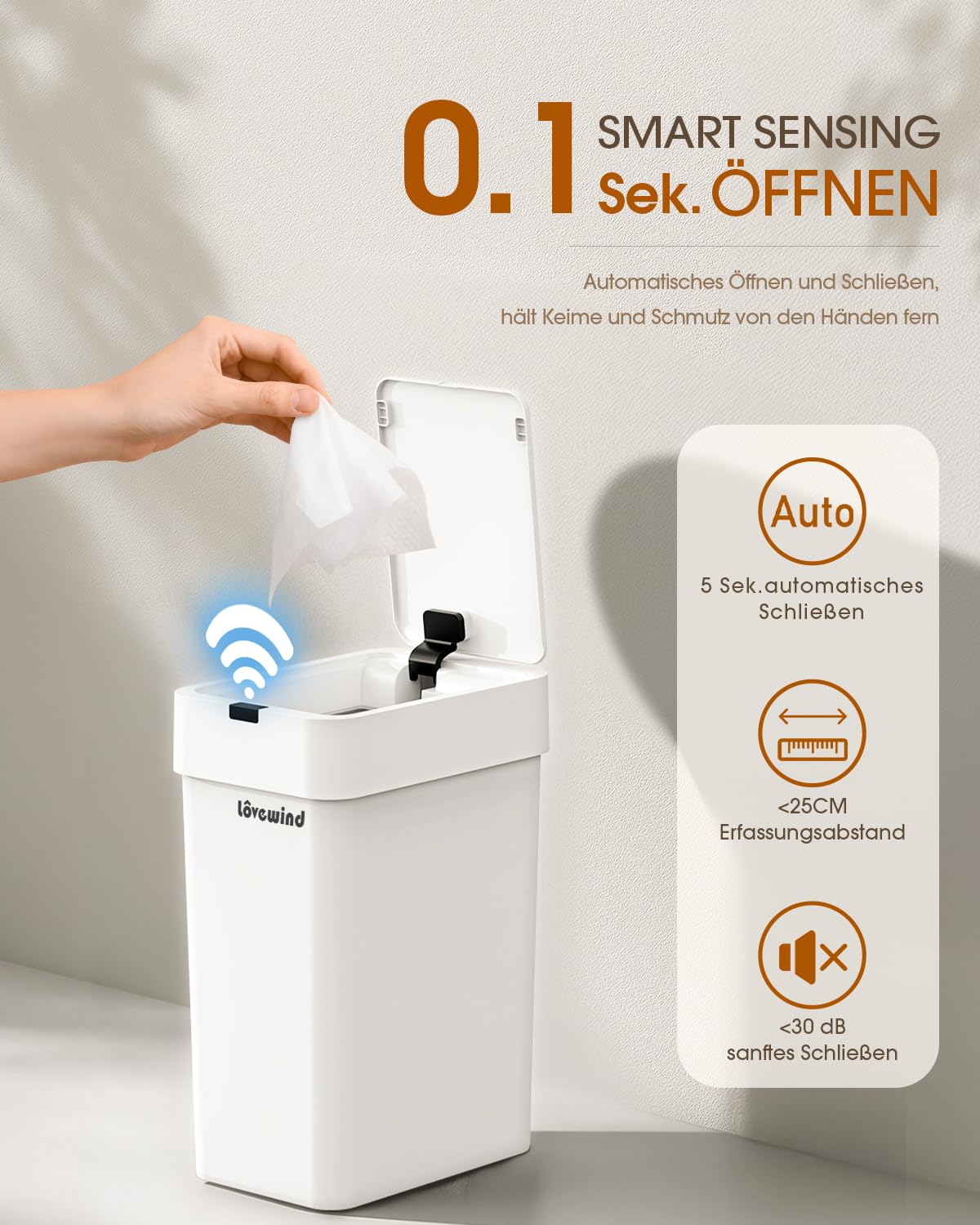 lovewind Mülleimer Bad, 9L badezimmer Mülleimer mit Deckel, Schmaler Sensor-Mülleimer, Wasserdicht Kosmetikeimer, Weiß, für Schlafzimmer, Badezimmer, Küche, Büro