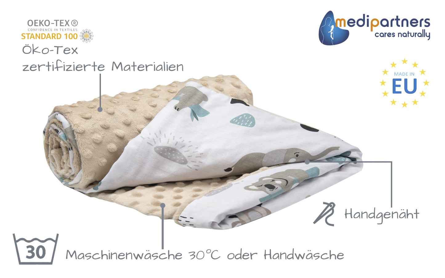 Medi Partners Babydecken Baby 100% Baumwolle Krabbeldecke Babydecke 75x100cm doppelseitig Kinderbett Minky Kuscheldecke Kinderwagen (REH mit grauem Minky)