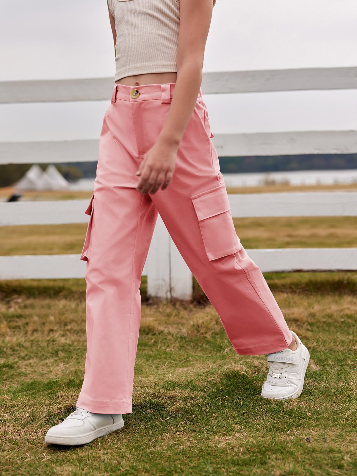Haloumoning Mädchen Cargohose Baumwoll Y2K Baggy Cargo Hose Kinder Straight Leg Hohe Taille Jogginghose Casual Outdoorhose mit Elastische Taille und Taschen
