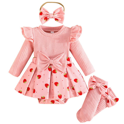 Erdbeere Baby Mädchen Bodysuit mit Socke Bogen Stirnband Neugeborenen Langarm Bodysuit Herbst Winter Frühling Overall Fotografie Requisiten Kleidung
