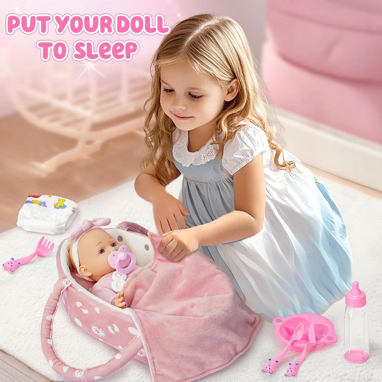 vamei Puppenzubehör Puppen Zubehör mit Puppenbett Puppenwindeln für 36cm Puppen, Tragbares , Geschenk für Mädchen Junge ab 3 Jahren, Rollenspiel Spielzeug
