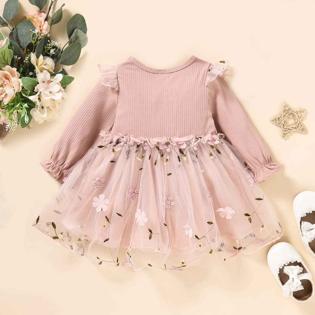 Toddler Baby Girl Clothing Set Long Sleeve Ruffle Daisy Printed Tulle Tutu Skirt One Piece Romper Dress Autumn Outfit